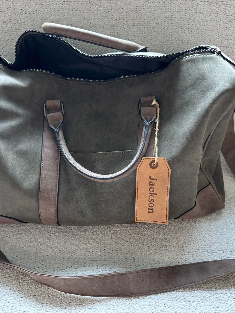 JACKSON Olive Canvas Duffel with Brown Leather Trim